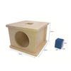 A wooden sensory toy set for toddlers featuring a box with an oval opening and a wooden block.