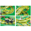 A set of dinosaur LED flexi-track racing cars and track pieces for a toy vehicle game.