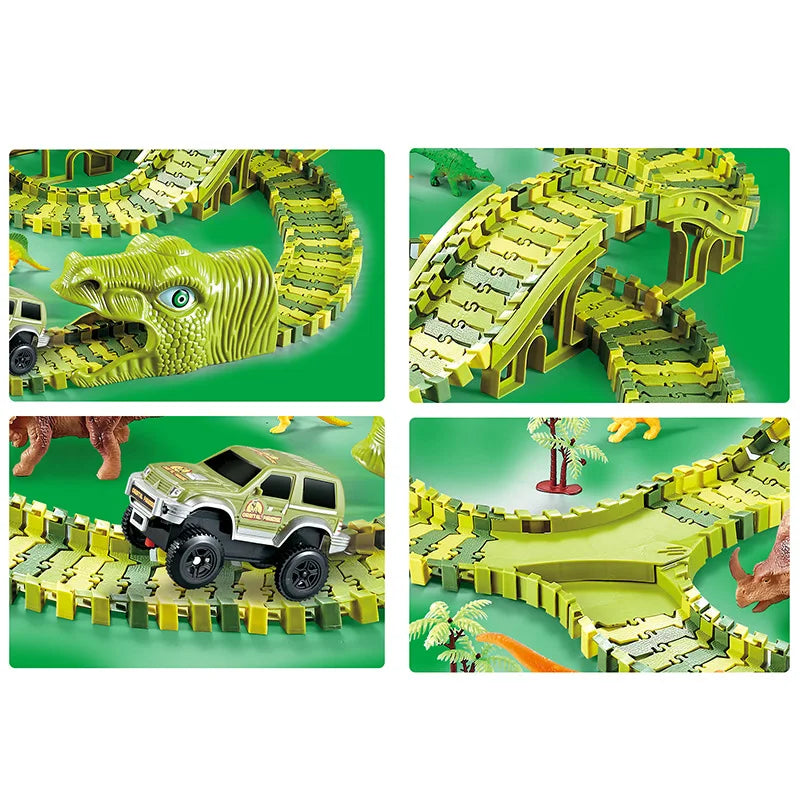 A set of dinosaur LED flexi-track racing cars and track pieces for a toy vehicle game.