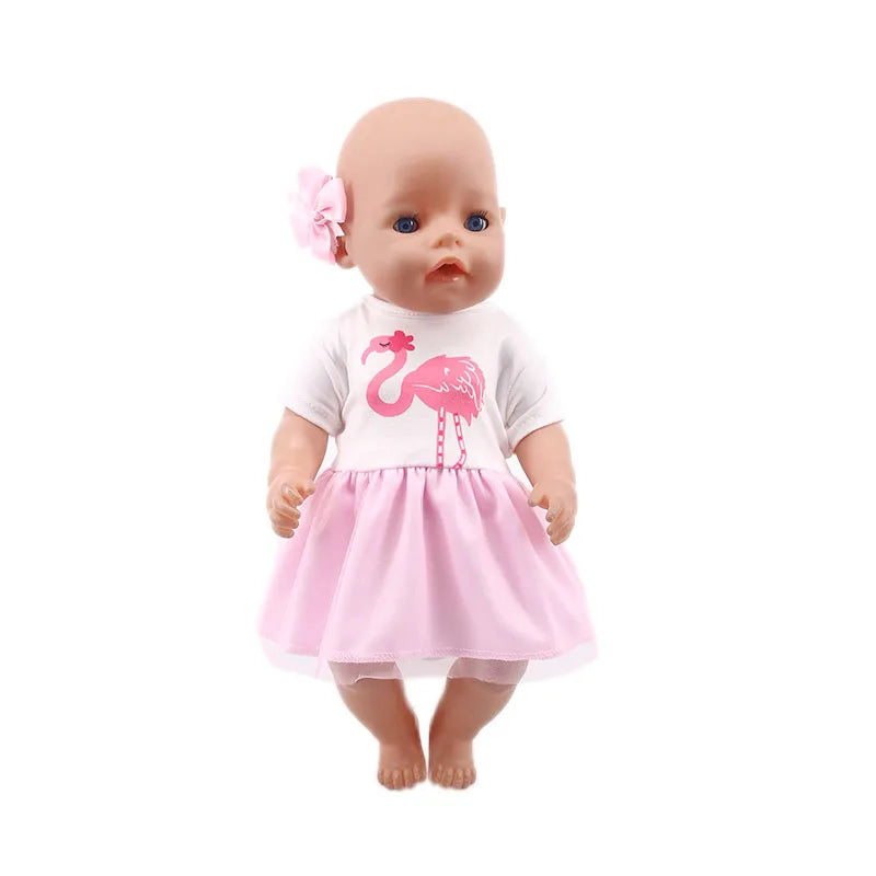 A baby doll with pink skin and a pink dress featuring a flamingo design.