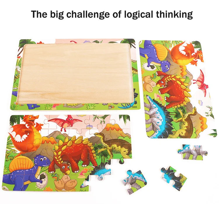 A wooden puzzle set featuring cartoon animals and figures for children.