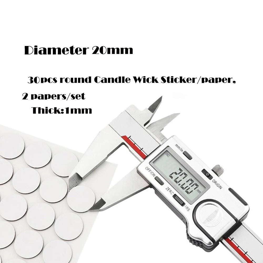 A pair of metal tweezers is shown next to a sheet of round stickers for candle wick centering.