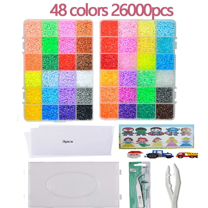 A set of 48 colors of small beads packaged in a clear container with accompanying tools and paper.