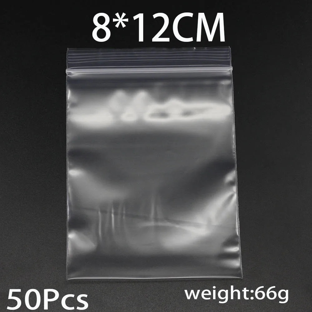 A clear resealable plastic bag containing 50 pieces of small items, measuring 8x12cm and weighing 66g.