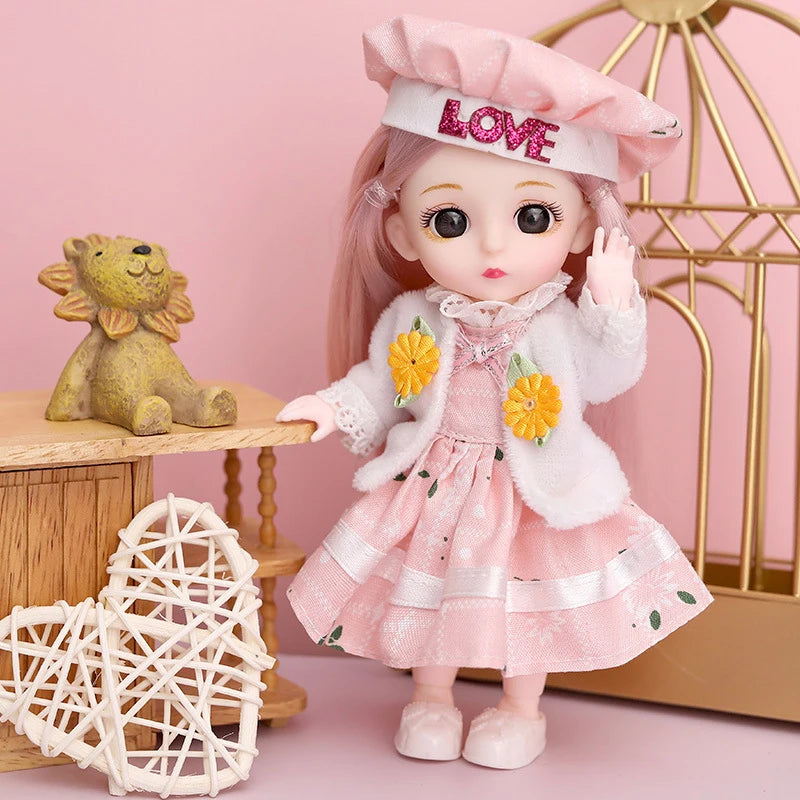 16cm Articulated Fashion Doll with Big Eyes and Dress-Up Outfit