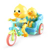 A yellow duck figure is seated in a blue electric tricycle with bright yellow accents.