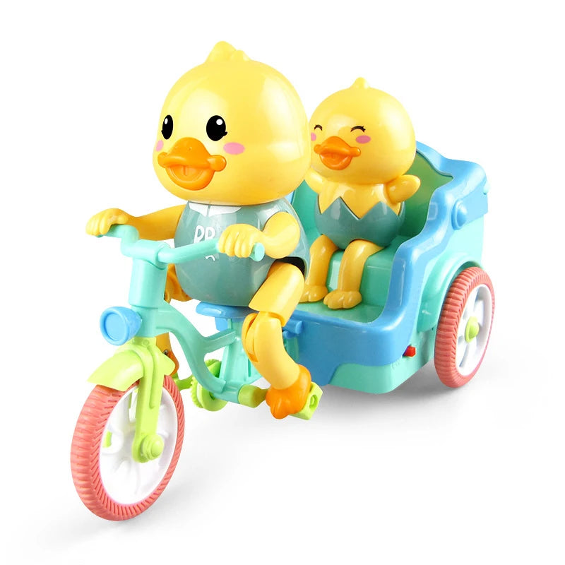 A yellow duck figure is seated in a blue electric tricycle with bright yellow accents.