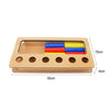 Wooden Montessori sensory toy set with colored stacking blocks stored in a wooden tray