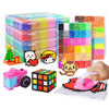 A colorful creative fuse beads kit showing stacked puzzles, individual bead grids, and a pink tool.