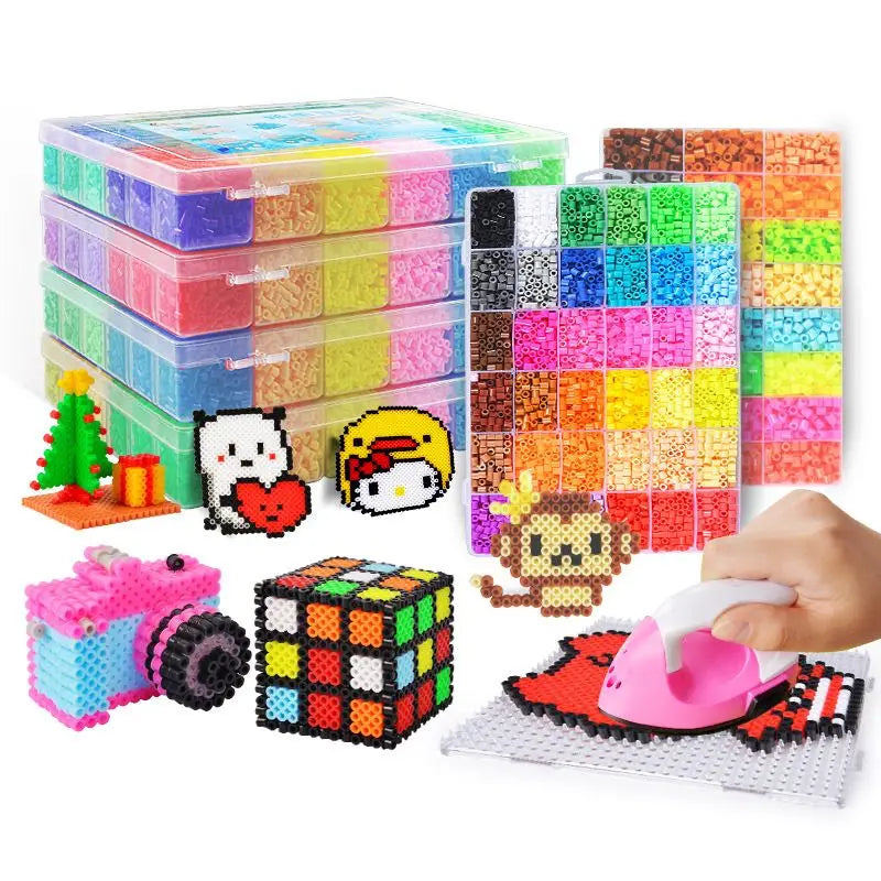 A colorful creative fuse beads kit showing stacked puzzles, individual bead grids, and a pink tool.