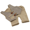 A beige newborn photography outfit set featuring a plaid vest and matching long-sleeved pants.