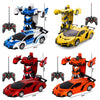 A collection of four remote control transforming car robots in blue, yellow, red, and orange colors.