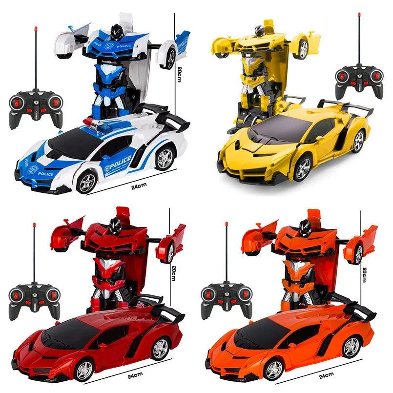 A collection of four remote control transforming car robots in blue, yellow, red, and orange colors.