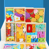 A wooden 3D puzzle board featuring cartoon animals and fruit for toddlers.