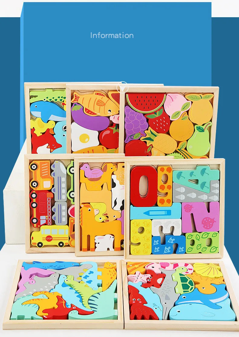 A wooden 3D puzzle board featuring cartoon animals and fruit for toddlers.