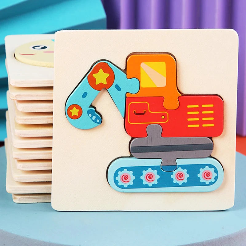 A wooden puzzle featuring a cartoon animal design with various colored pieces stacked on a light background.