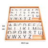 A wooden Montessori alphabet box containing letter cards for the English alphabet.