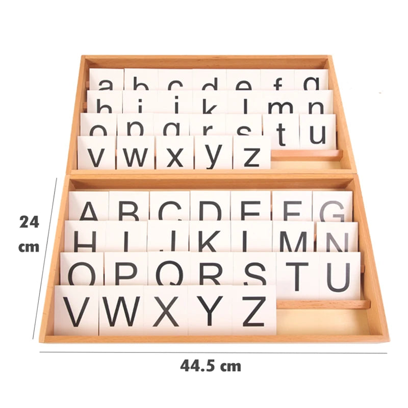 A wooden Montessori alphabet box containing letter cards for the English alphabet.