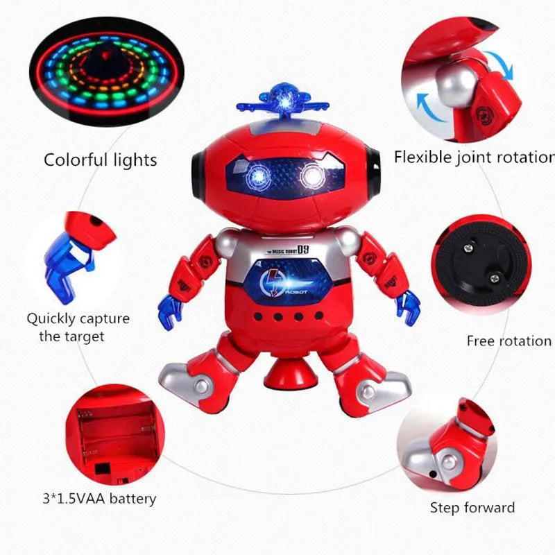 A red and silver spinning robot toy demonstrating features like colorful lights, joint rotation, and step forward movement.