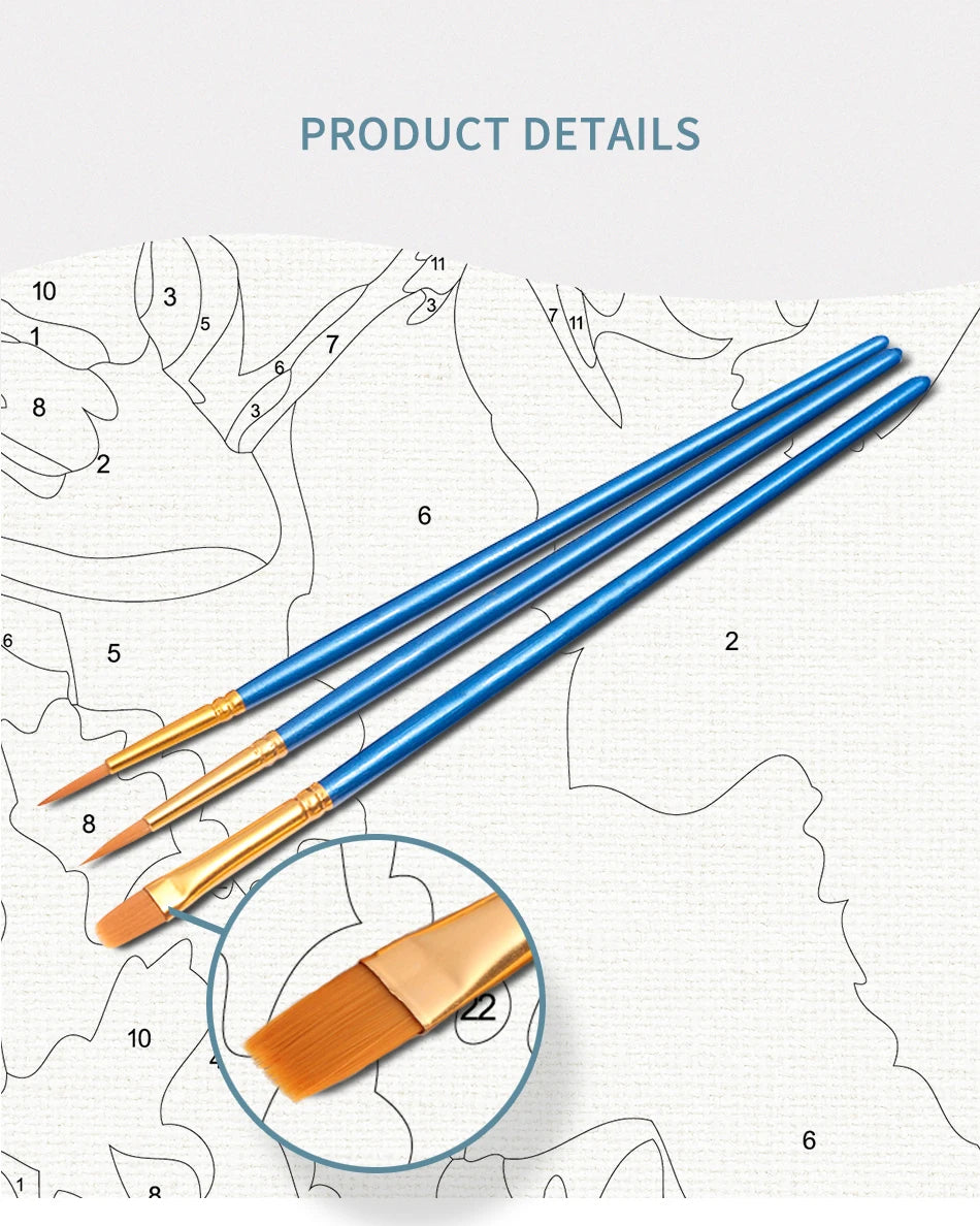 A set of 10 paintbrushes and a palette for a DIY sunset landscape paint by numbers kit.