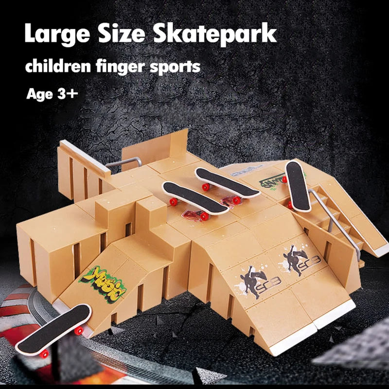 A large size skateboard park set for children with ramps and boards made of light brown wood or plastic.