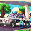 A cartoon illustration of a police officer and a child standing next to a parked car under a tree.