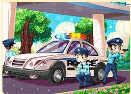A cartoon illustration of a police officer and a child standing next to a parked car under a tree.