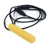 Yellow silicone chew necklace with a black cord and a textured tip