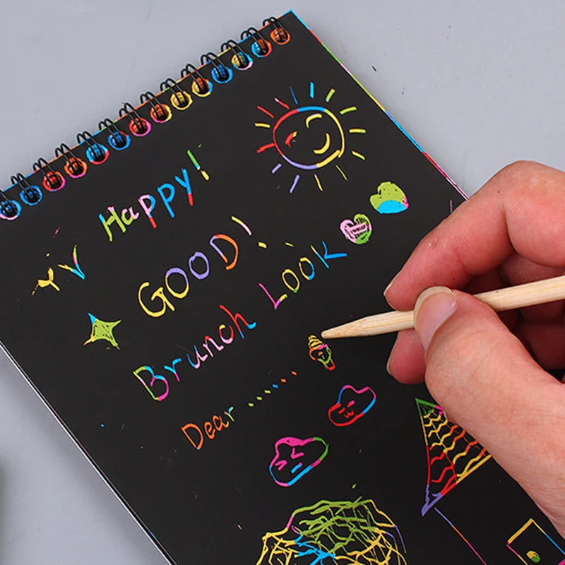 Rainbow Scratch Art Paper Notebook with Wooden Stylus - 12 Sheets of Colorful Doodle Fun