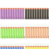 A collection of soft foam dart refills in various colors including blue, orange, purple, black, and green.