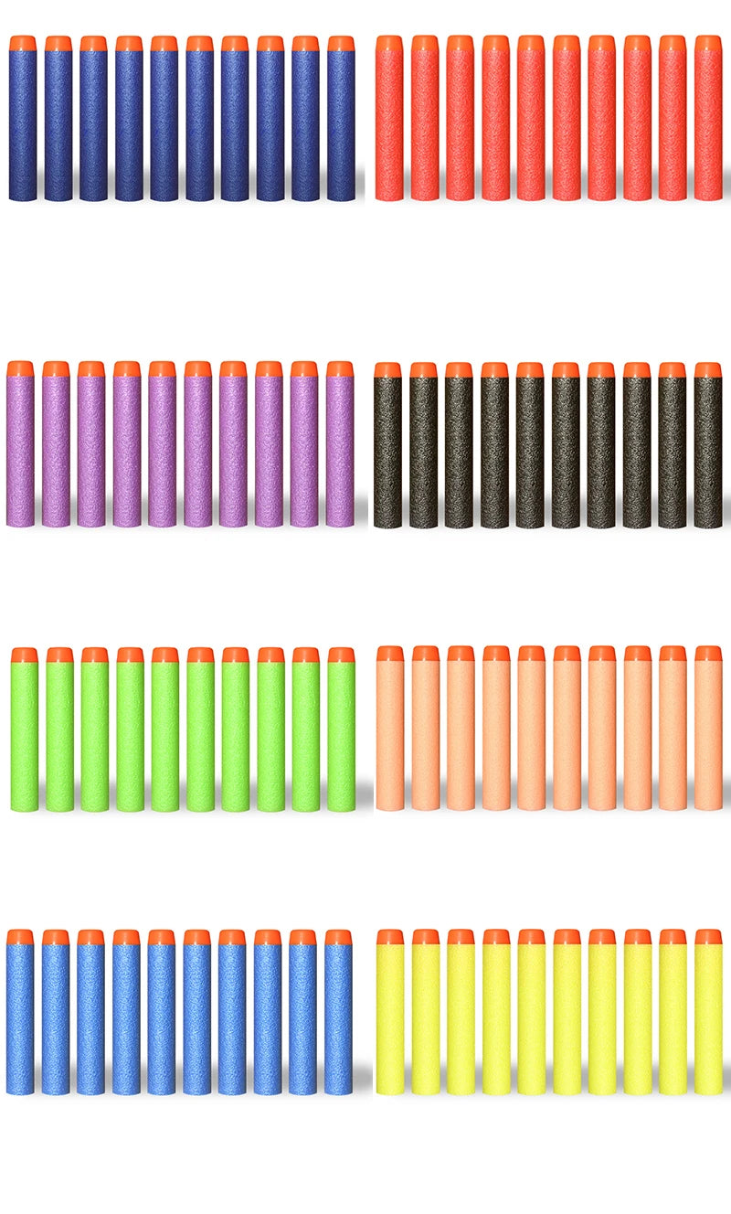 A collection of soft foam dart refills in various colors including blue, orange, purple, black, and green.