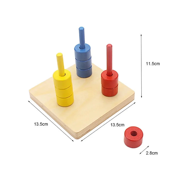 A wooden sensory toy set featuring colorful cylindrical blocks and rods for toddlers.