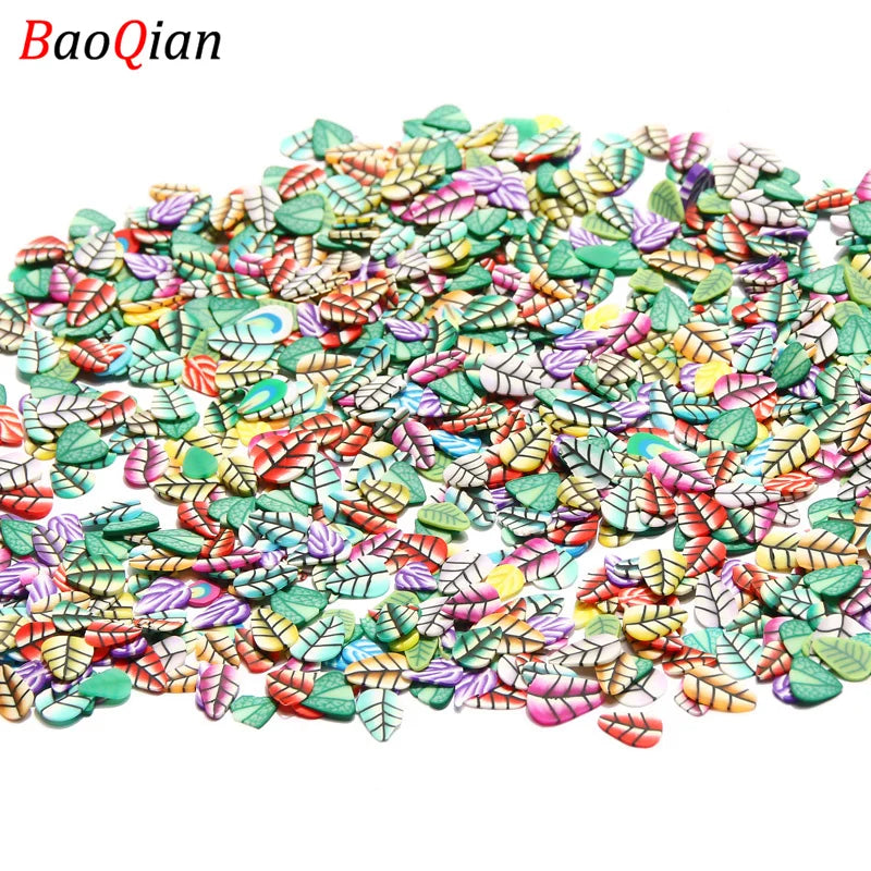 Assortment of soft polymer clay slices in various colors and leaf shapes for nail art and DIY crafts