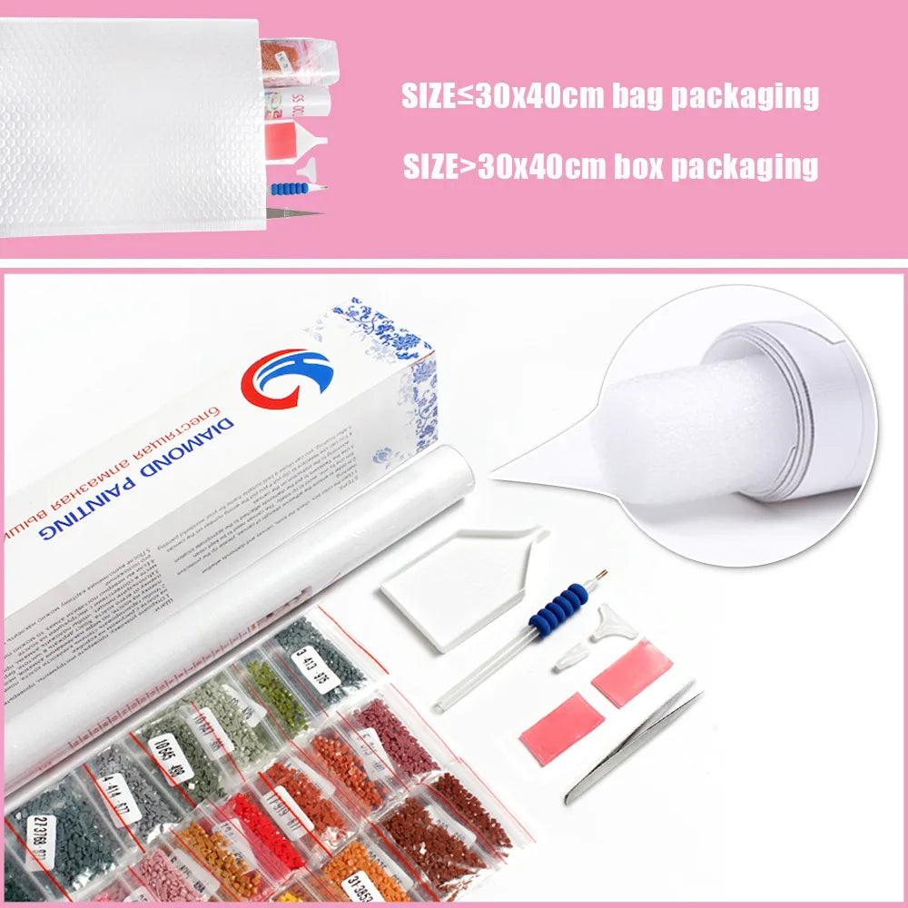 Diamond painting kit showing various colored mosaic pieces and a white painting tool