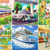 A collection of six colorful wooden cartoon jigsaw puzzles featuring trains, cars, animals, and boats for toddlers.
