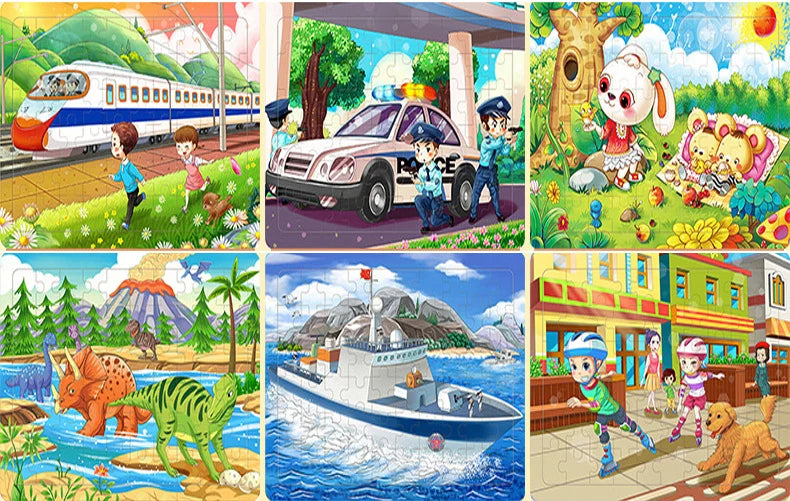 A collection of six colorful wooden cartoon jigsaw puzzles featuring trains, cars, animals, and boats for toddlers.