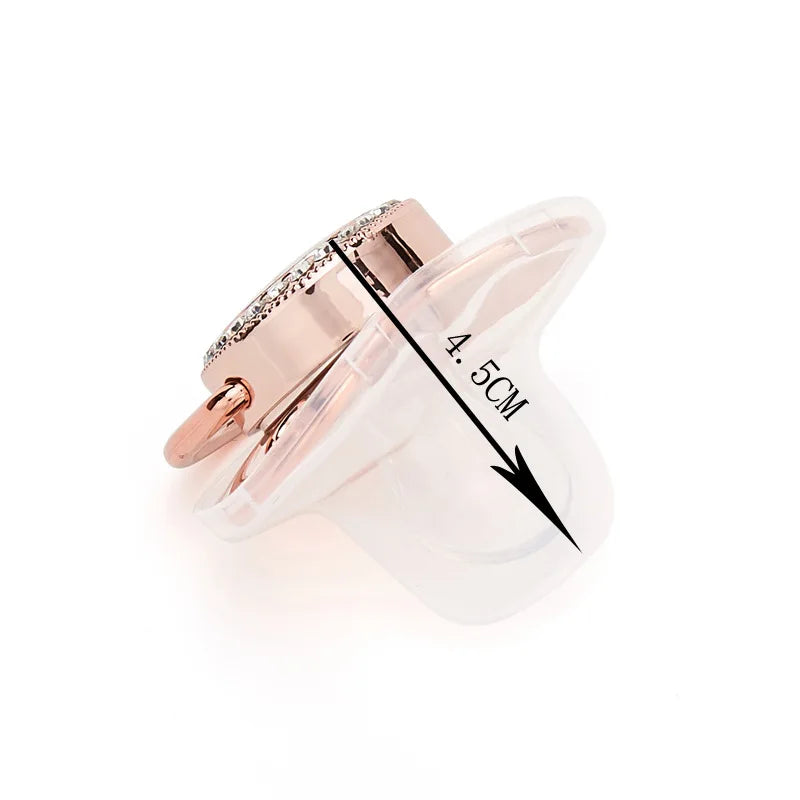 A rose gold crystal bling pacifier with a 4.5cm measurement line shown against a white background.
