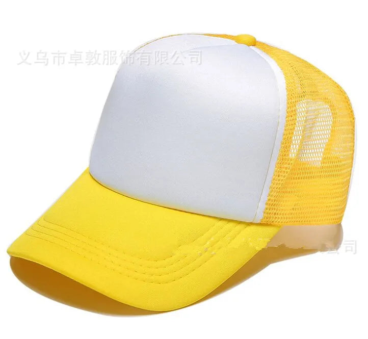 A yellow and white trucker hat with a mesh back and a curved brim.