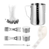 A complete candle making kit including a pouring pot, wicks, and fixator tool.