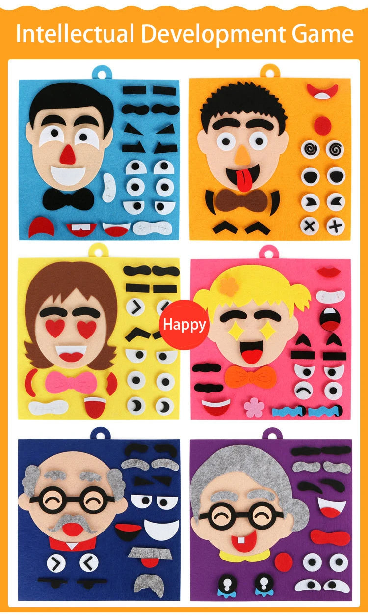 A colorful puzzle game featuring facial expressions of various emotions for children.