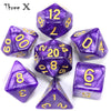 A set of purple marble effect polyhedral dice including a d12, d6, and d8.