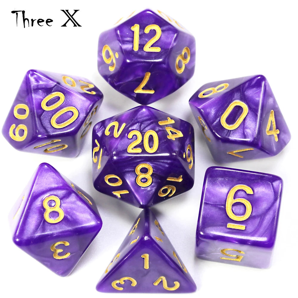 A set of purple marble effect polyhedral dice including a d12, d6, and d8.