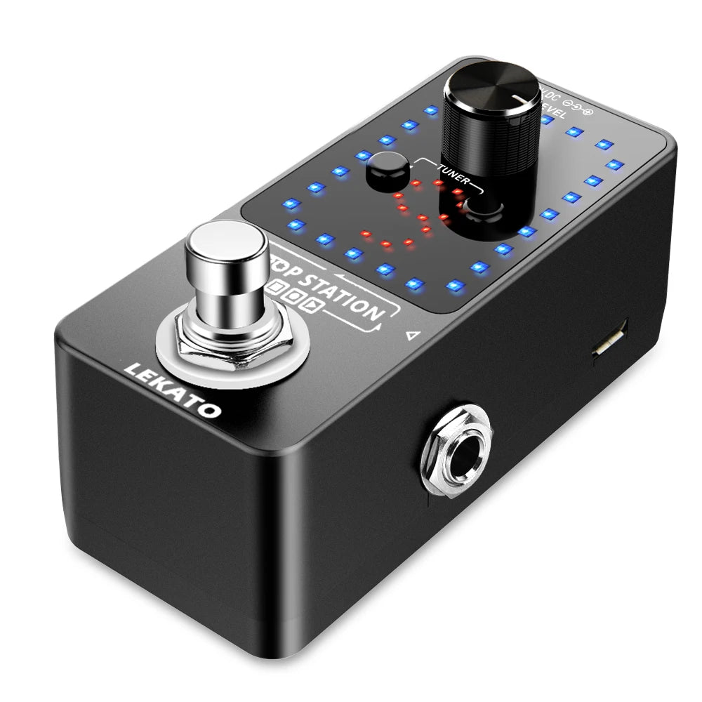 A black LEKATO looper guitar pedal with a tuner and loop storage controls.