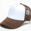 A brown trucker hat with a white front panel and a mesh back, shown from above.