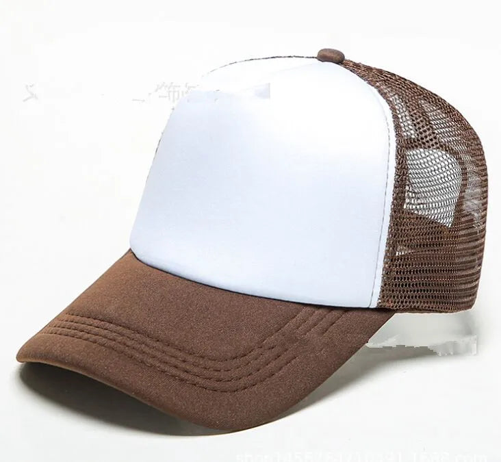 A brown trucker hat with a white front panel and a mesh back, shown from above.