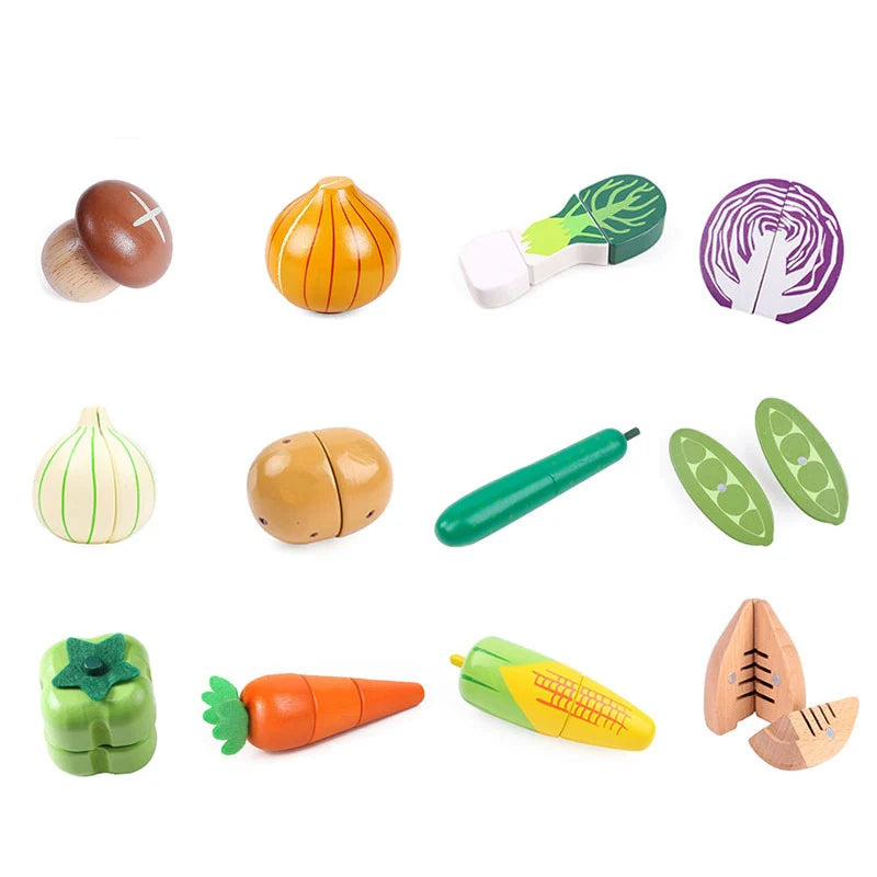 A set of magnetic wooden fruit and vegetable cutting toys including a pumpkin, squash, cucumber, carrot, and lettuce.