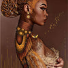 A close-up portrait of a woman with intricate gold and diamond painting designs on her face and body.