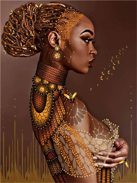 A close-up portrait of a woman with intricate gold and diamond painting designs on her face and body.