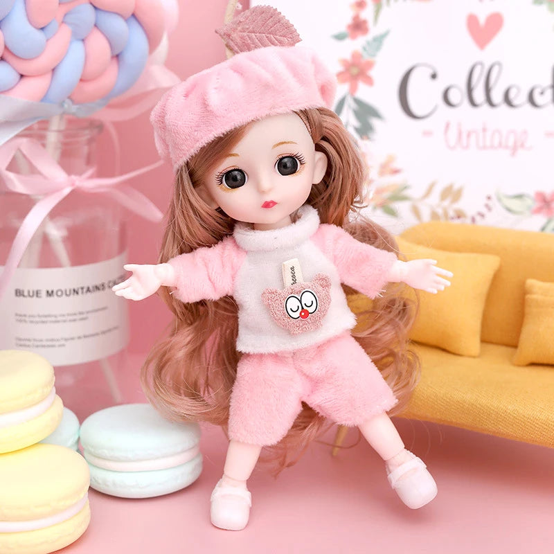 16cm Articulated Fashion Doll with Big Eyes and Dress-Up Outfit