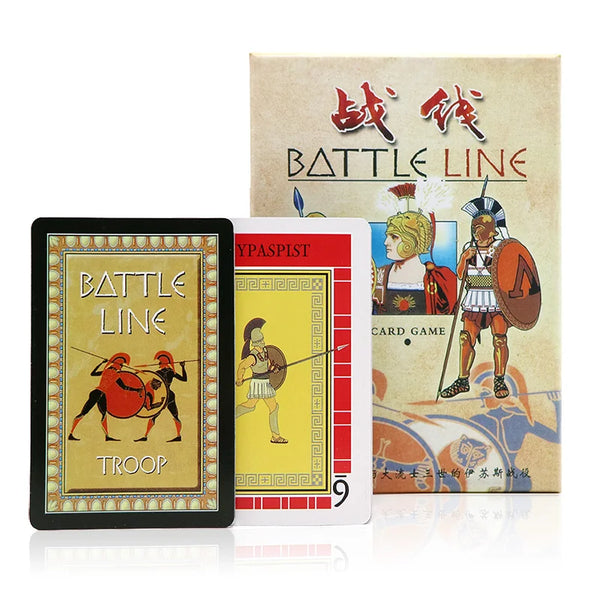 A box and a deck of Battle Line card game featuring ancient war strategy artwork.